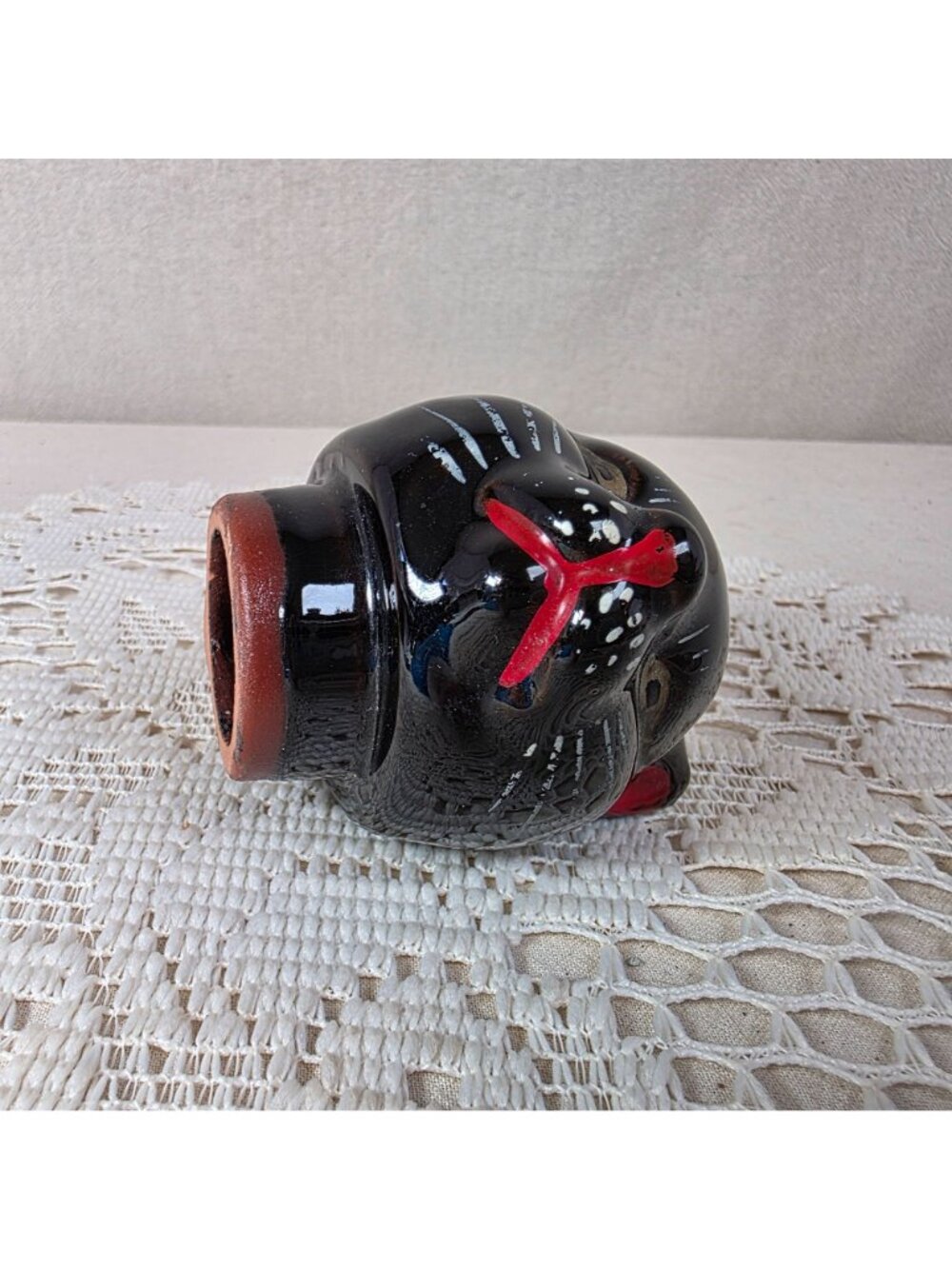 Vintage Shafford Redware Black Cat Teapot With Red & White Painted Details - 5" - Picture 7 of 8